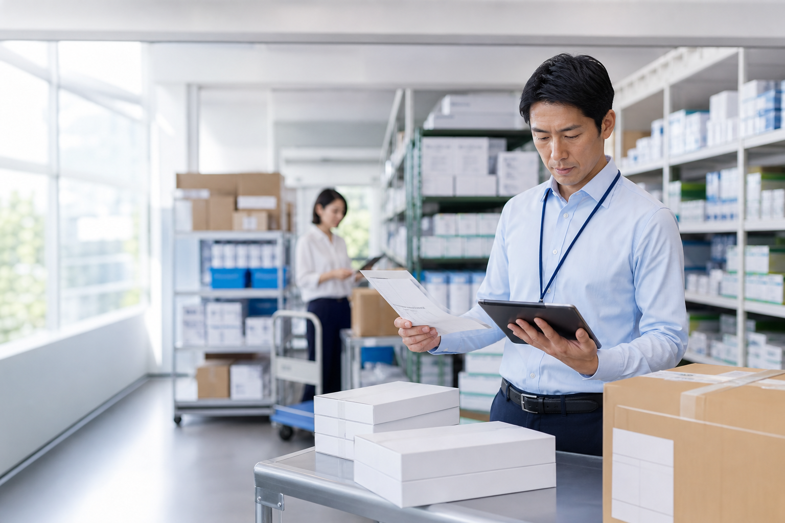 Medical device distribution team preparing healthcare products for market