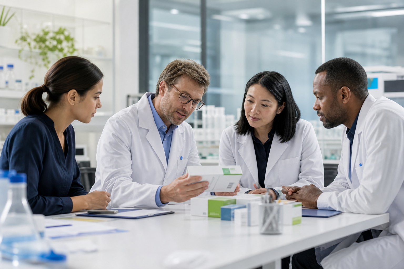 International medical product team collaborating in a modern laboratory