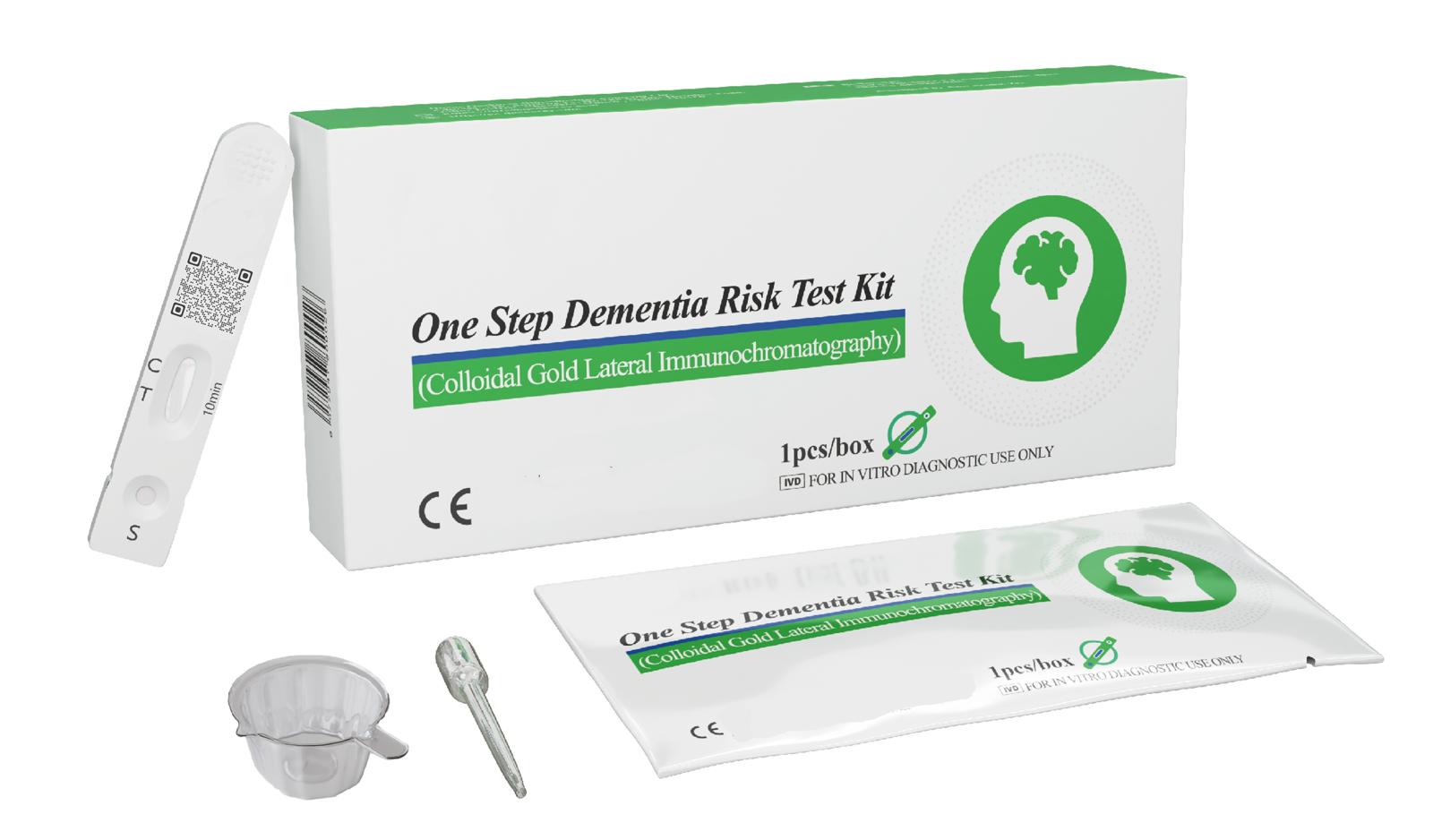 One Step Dementia Risk Test Kit with test cassette, urine collection cup, dropper, and sealed pouch